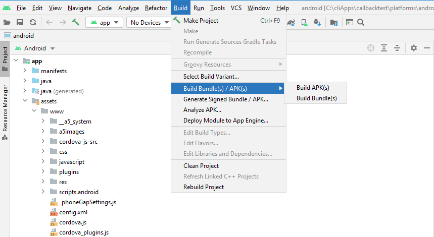 Android Studio Build Bundle menu